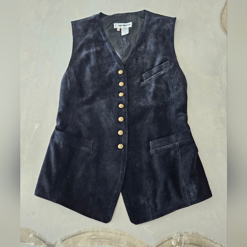 Georges Rech Vintage Black Suede With Engraved Gold Buttons Slim Vest - Picture 2 of 12